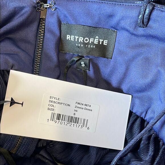 RETROFETE Zinnia Ruched Pleated Metallic Lame Ink Blue Maxi Dress Size Small - Picture 8 of 9